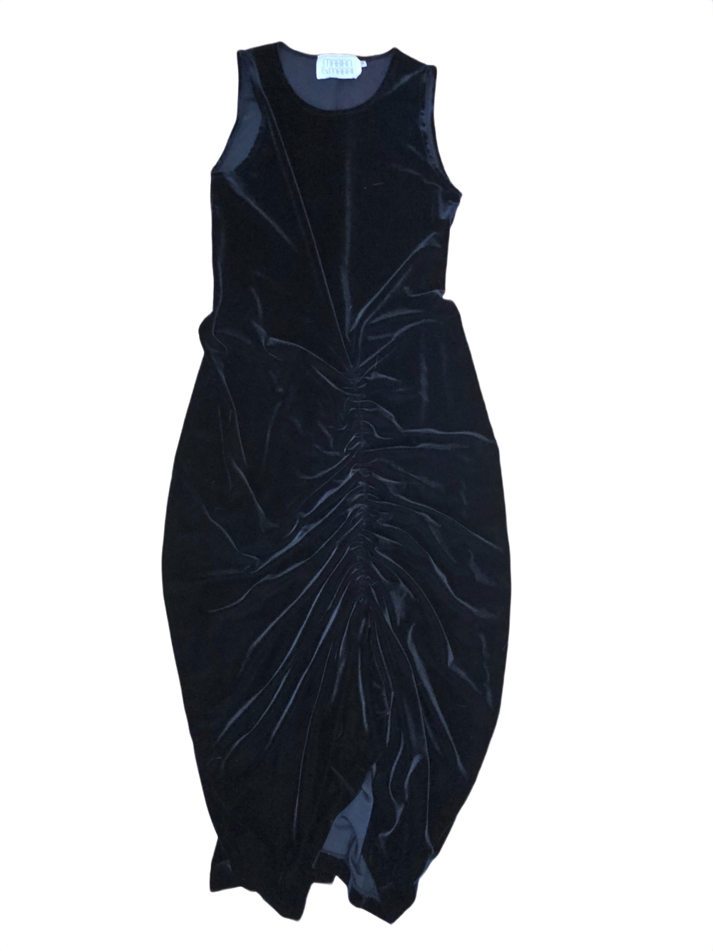 Marian & Maral Black Velvet Ruched Midi Dress Sleeveless Size M